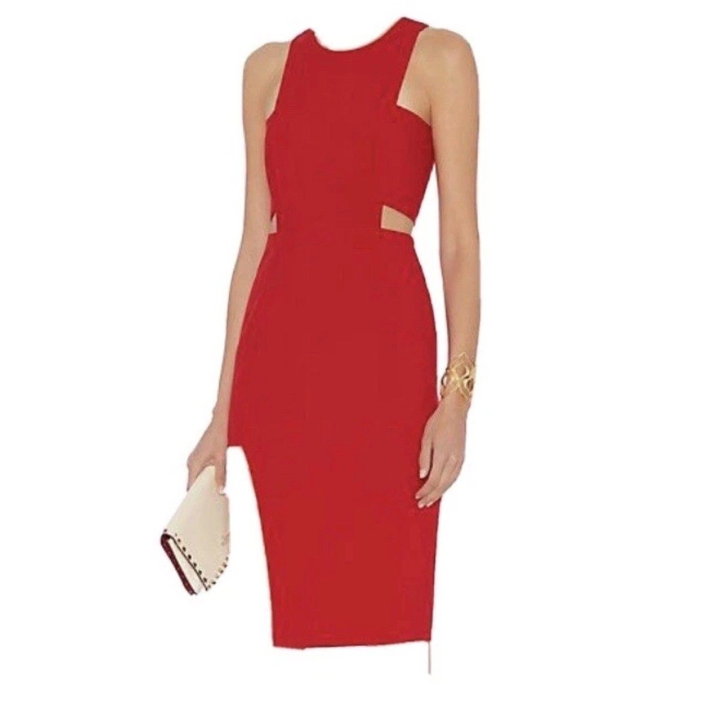 Mason by Michelle Mason Red Side Cutout Midi Sheath Dress Sleeveless